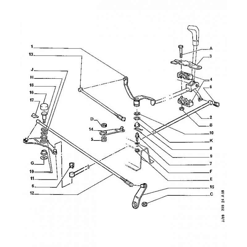Cięgno długie,wodzik przedni mechanizmu dźwigni zmiany biegów w manualnej skrzyni Peugeot 205,309 II